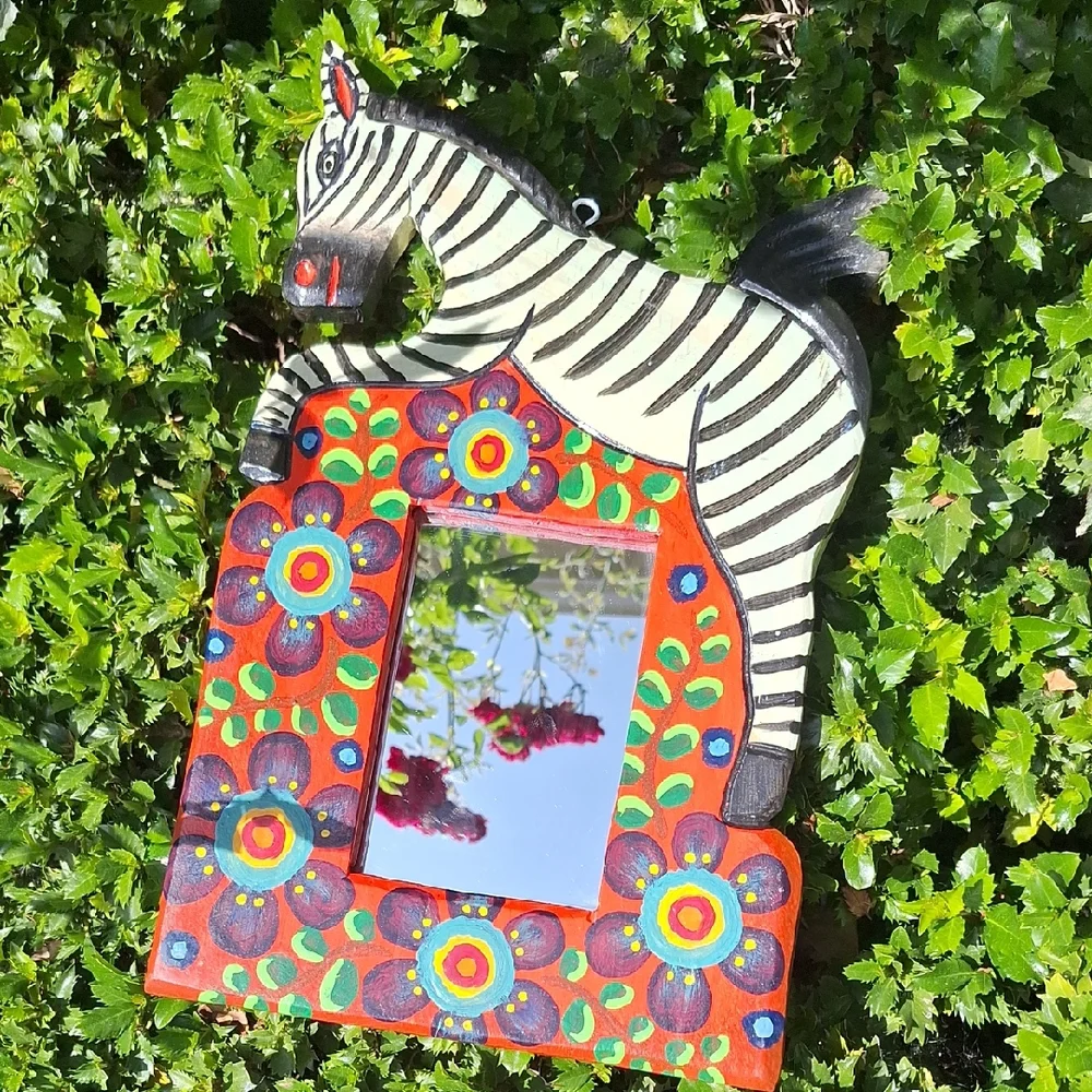 Vintage Folk Art Carved Zebra Wooden Mirror Colorful Floral Boho Handmade